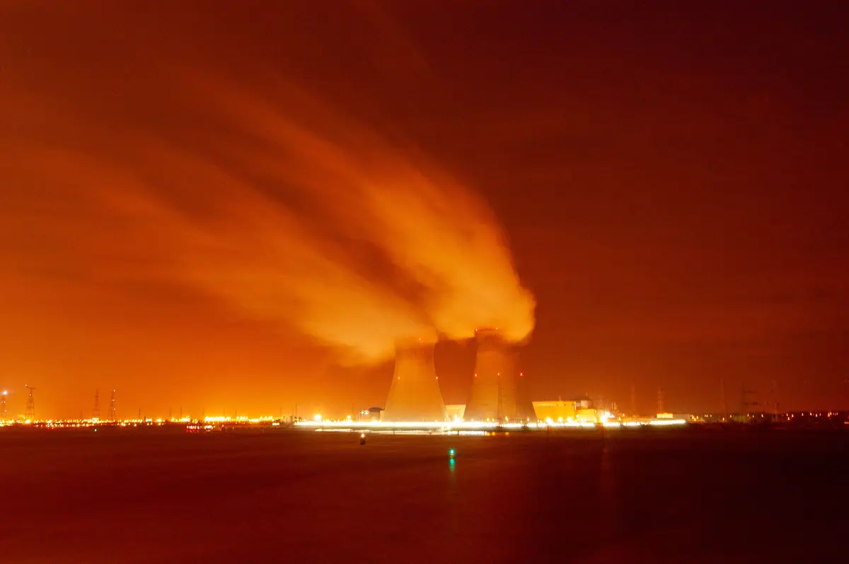 Cooling towers at night.